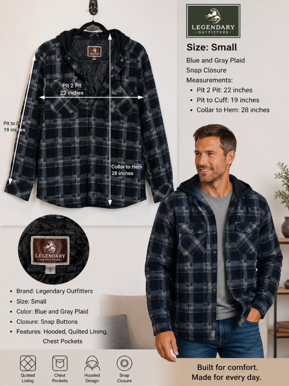 Men's Gray and Blue Plaid Hooded Shirt Jacket (Like New)